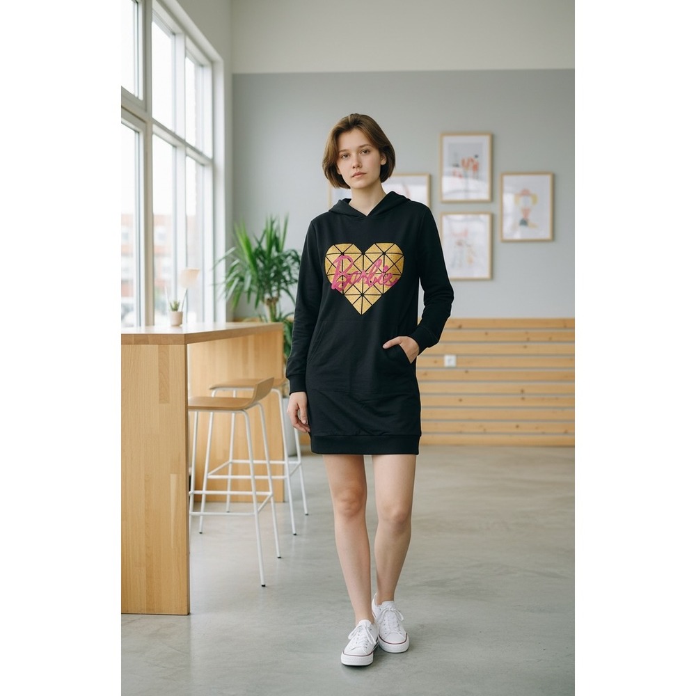 PatPat Barbie Hoodie Dress‎ Black Gold Heart Pink Logo Long Sleeve Womens Medium